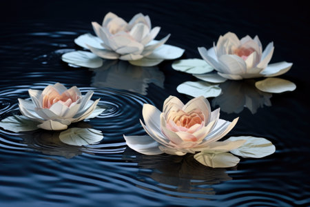 floating paper flowers on water, creating ripples, created with generative aiの素材