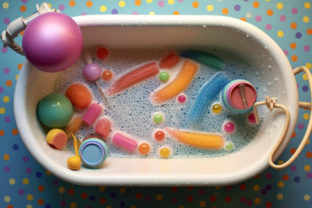 overhead view of colorful baby bathtub with bubbles, created with generative aiの素材