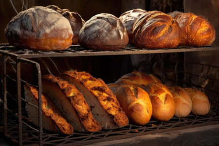assorted bread loaves cooling on a rack by stone oven, created with generative aiの素材