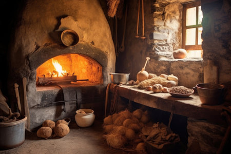 traditional stone oven with bread baking on a hearth, created with generative aiの素材