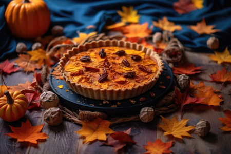pumpkin pie with autumn leaves decoration, created with generative aiの素材