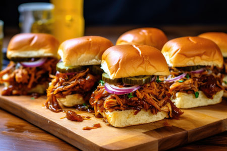 smoky bbq pulled pork sliders with pickles and onions, created with generative aiの素材
