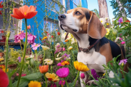 beagle sniffing flowers in a colorful garden, created with generative aiの素材