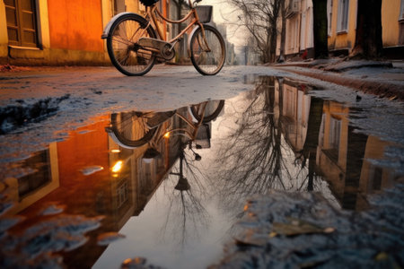 reflection of a bicycle in a water-filled pothole after rain, created with generative aiの素材