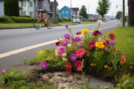 pothole filled with colorful flowers, with a bicycle passing by, created with generative aiの素材