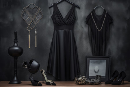 black dress on hanger with stylish accessories nearby, created with generative aiの素材