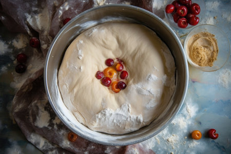 overhead view of dough doubling in size in a bowl, created with generative aiの素材