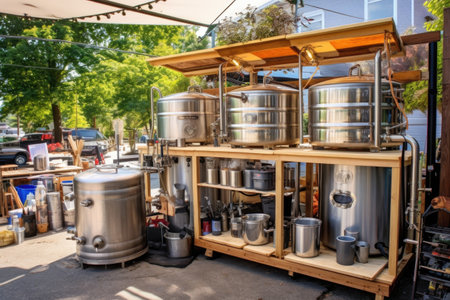 outdoor brewery setup with brewing equipment, created with generative aiの素材