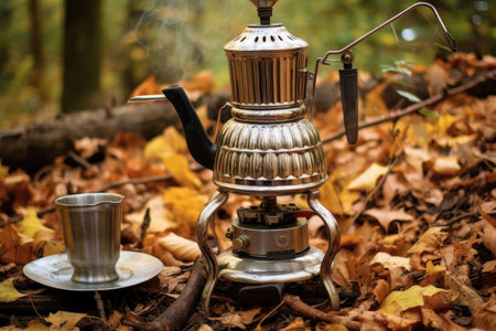 coffee brewing in a vintage percolator on campfire grate, created with generative aiの素材