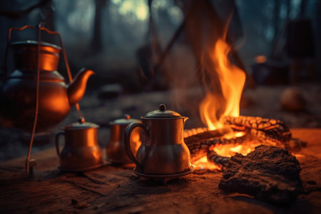 focus on campfire flames with coffee pot in background, created with generative aiの素材