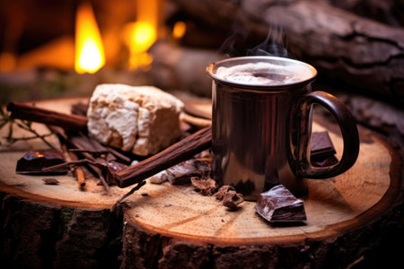 close-up of hot chocolate in rustic mug near campfire, created with generative aiの素材