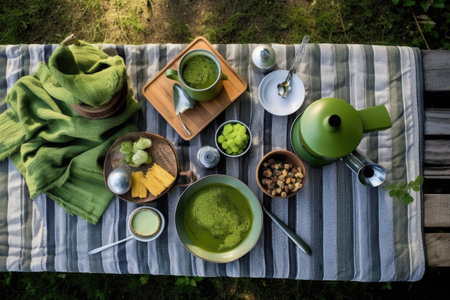 overhead shot of matcha tea set on a picnic table outdoors, created with generative aiの素材
