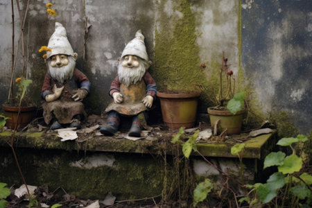 garden gnomes chipped paint revealing aged material, created with generative aiの素材