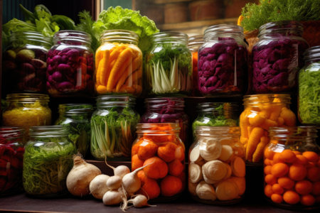 close-up of colorful autumn vegetables in glass jars, created with generative aiの素材