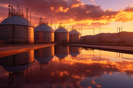 chemical storage tanks in an industrial facility at sunset, created with generative aiの素材