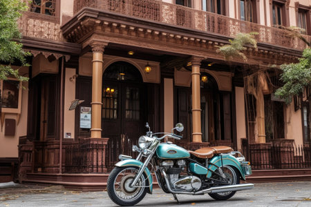 classic motorbike parked in front of historic building, created with generative aiの素材