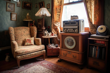 antique radio in a cozy reading nook, created with generative aiの素材