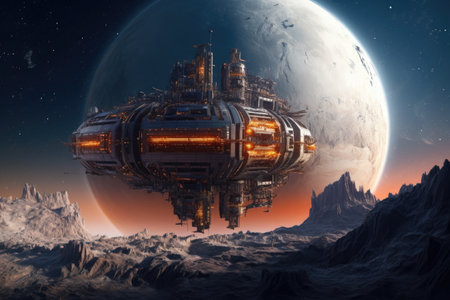 abandoned space station orbiting a distant planet, created with generative aiの素材