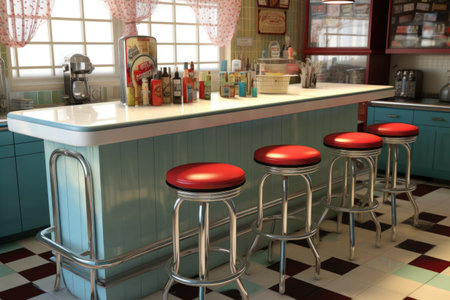 retro soda fountain counter with bar stools and menu, created with generative aiの素材