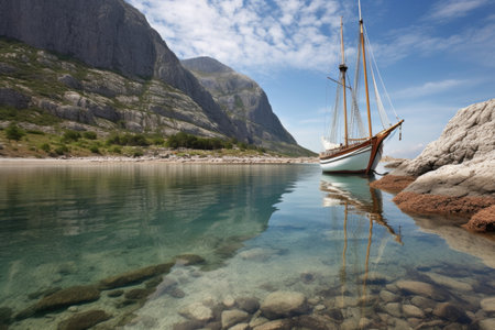 classic wooden sailboat anchored near scenic coastline, created with generative aiの素材