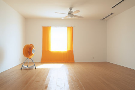 wide angle shot of clean fan in a minimalist room, created with generative aiの素材