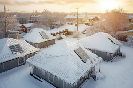 snow-covered solar panels on a rooftop during winter, created with generative aiの素材