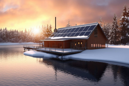solar panels on snow-covered lake house or cabin, created with generative aiの素材