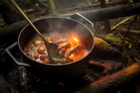 campfire embers with cioppino pot and cozy atmosphere, created with generative aiの素材