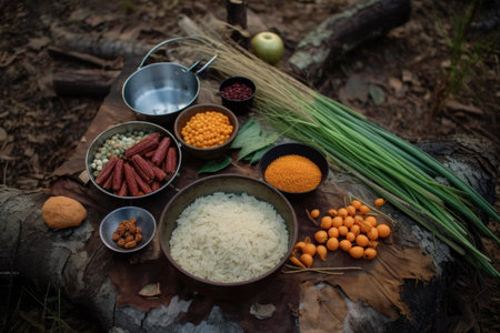 ingredients for campfire rice dish arranged outdoors, created with generative aiの素材