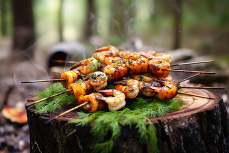 campfire shrimp with herbs and spices on skewers, created with generative aiの素材