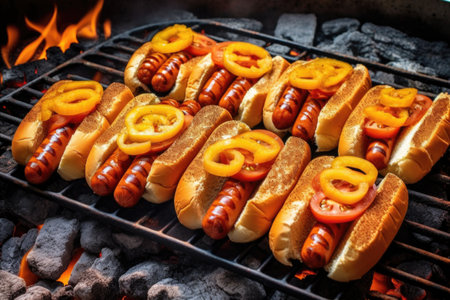 vegan hot dogs with grill marks and smoke, created with generative aiの素材