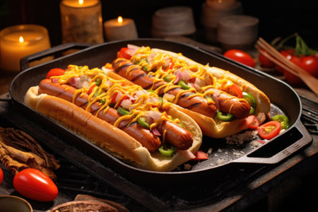 vegan hot dogs cooking on a cast iron grill plate, created with generative aiの素材