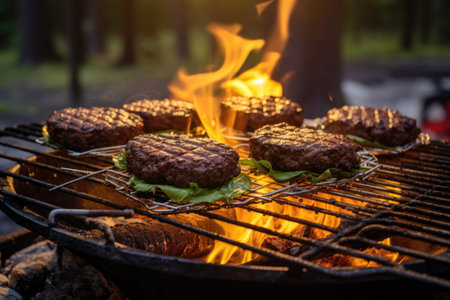 venison burger patties sizzling on a portable grill at camp, created with generative aiの素材
