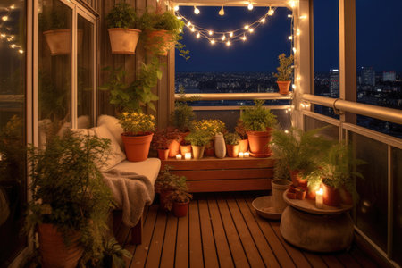 small balcony decorated with fairy lights and potted plants, created with generative aiの素材