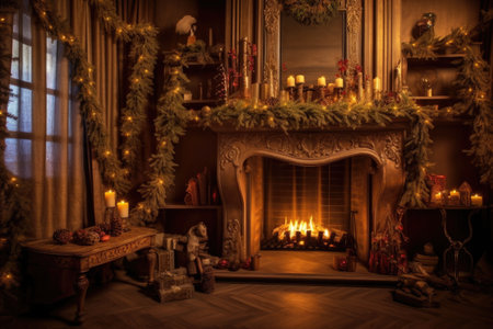 fireplace with illuminated garland and stockings, created with generative aiの素材