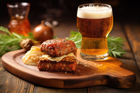pale ale with juicy burger on wooden board, created with generative aiの素材