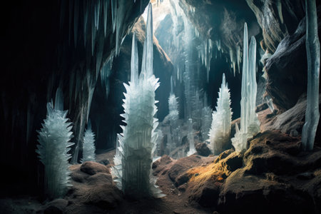 sparkling crystal cave formations in the dark, created with generative aiの素材