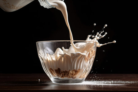 close-up of milk being poured into a glass, creating a splash, created with generative aiの素材