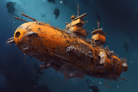 rusting spaceship drifting in the void of space, created with generative aiの素材