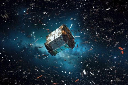 damaged communication satellite drifting in space debris, created with generative aiの素材