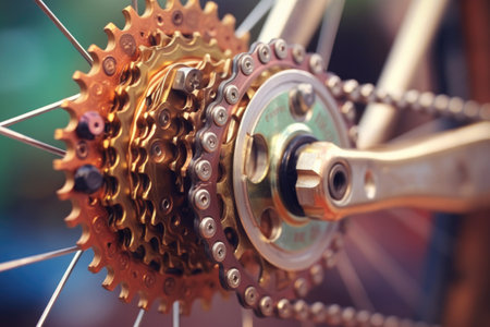 close-up view of bicycle derailleur and cassette, created with generative aiの素材