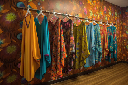 vibrant clothing patterns hanging in dressing room, created with generative aiの素材