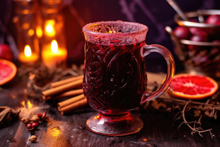close-up of steamy mulled wine in a glass mug, created with generative aiの素材