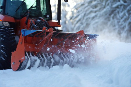close-up of snow being pushed by plow blade, created with generative aiの素材