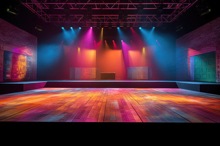 empty stage with colorful stage lighting, created with generative aiの素材
