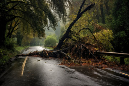 fallen tree on a rainy road with water flowing around it, created with generative aiの素材