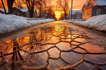 icy puddle with crackling patterns on the surface, created with generative aiの素材