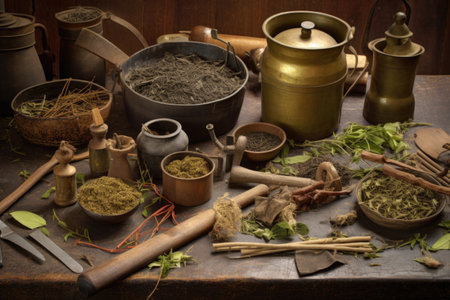 artistic composition of tea leaves and processing tools, created with generative aiの素材