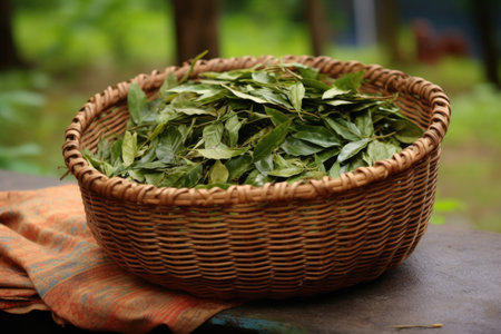 freshly plucked tea leaves in a woven basket outdoors, created with generative aiの素材