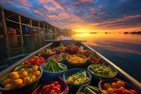 vibrant array of colorful produce on boats at dawn, created with generative aiの素材